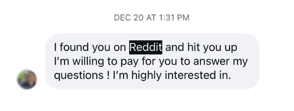 DM from someone who found me on Reddit
